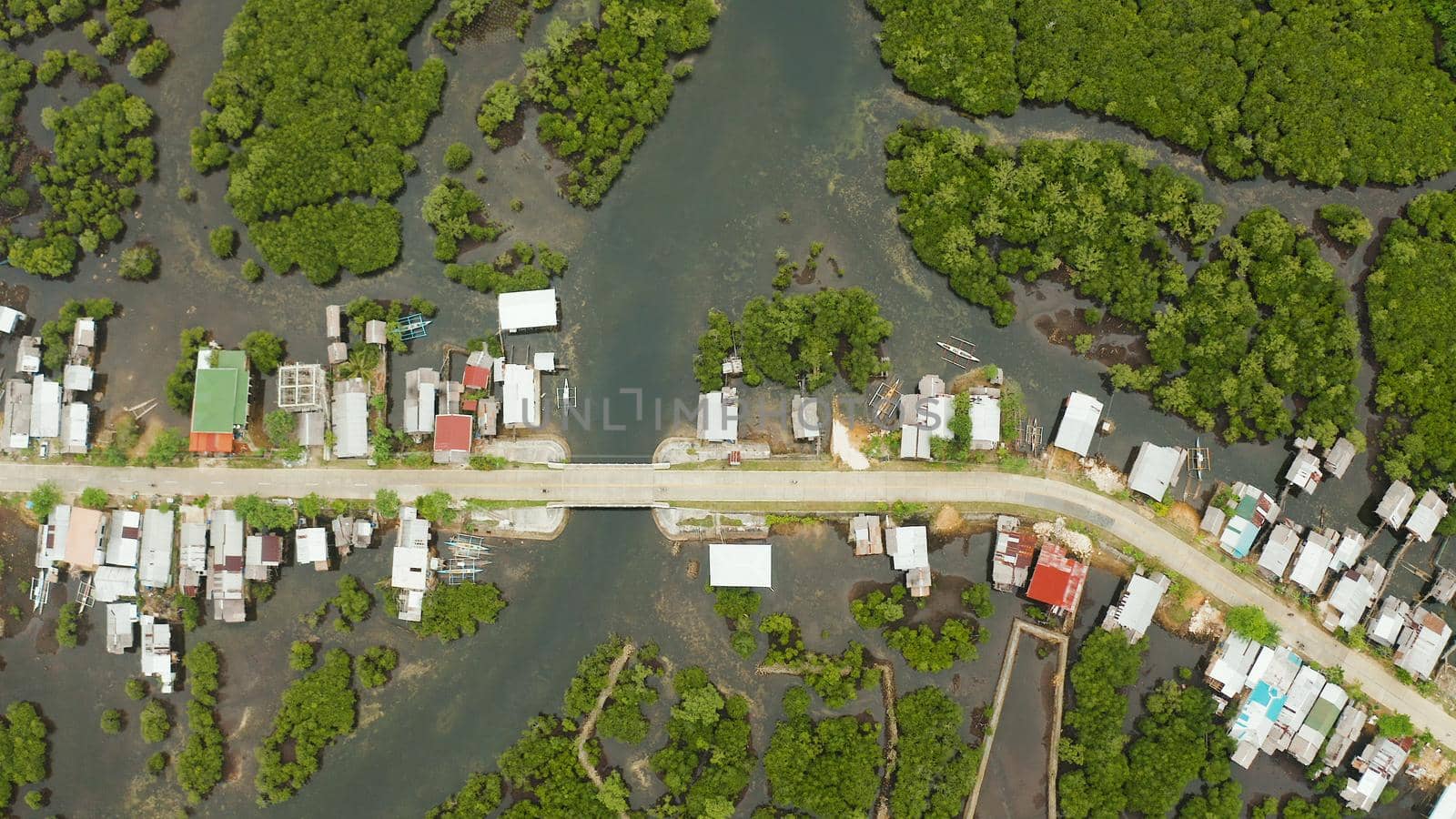 Highway through the mangrove forest passing through the village, aerial view. Siargao island, Philippines.