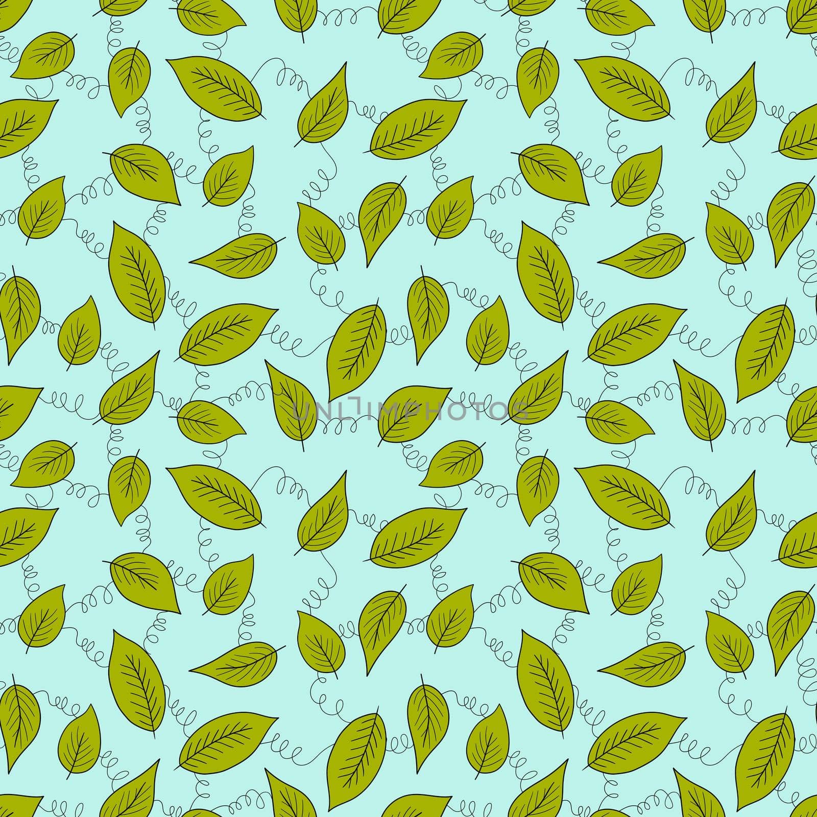 Floral seamless pattern with green exotic leaves on blue background. Tropic branches. Fashion vector stock illustration for wallpaper, posters, card, fabric, textile. by allaku