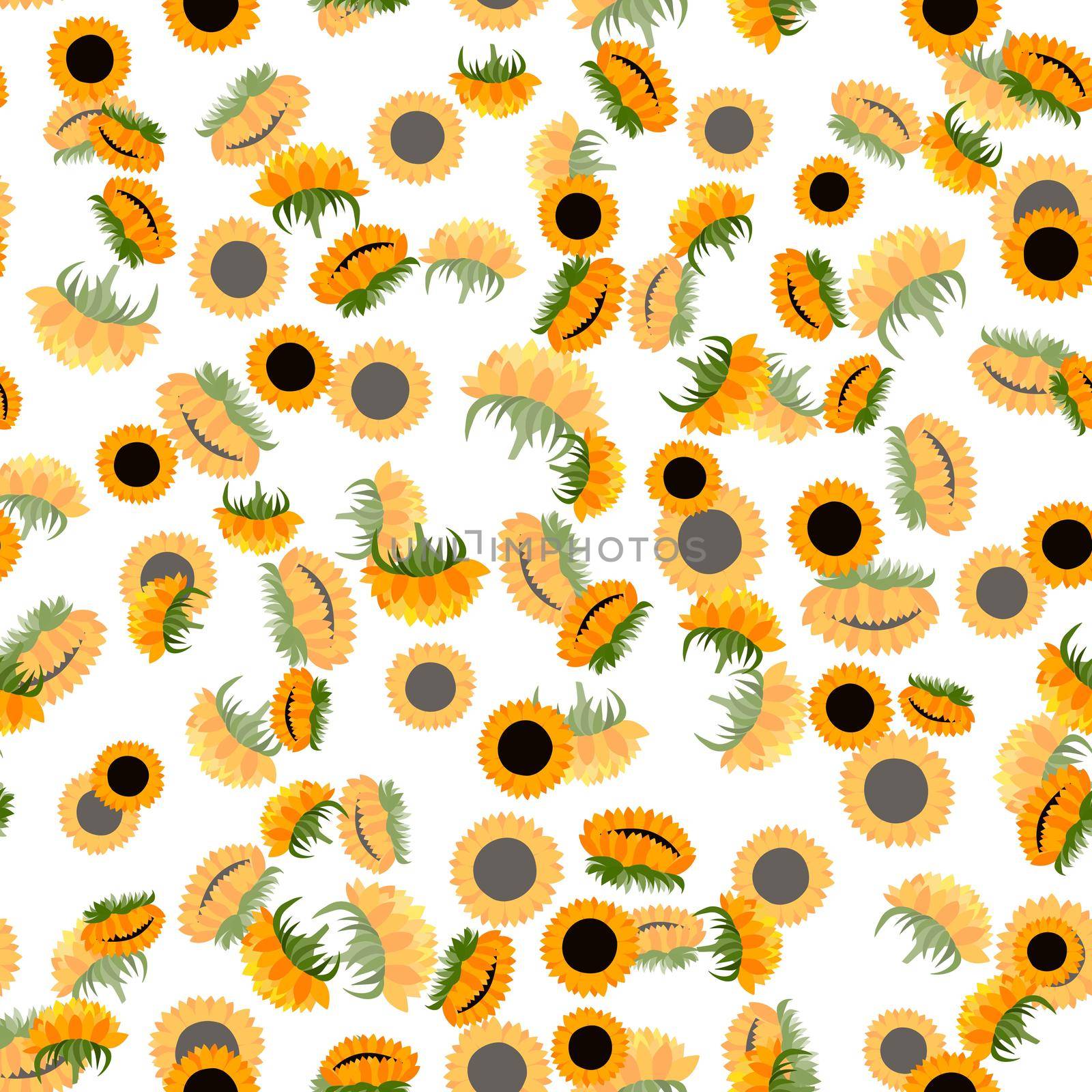 Summer colorful seamless pattern with orange sunflowers on white background. Cartoon style. Design for fabric, textile, posters, card, paper. Flowers with leaves. Vector illustration