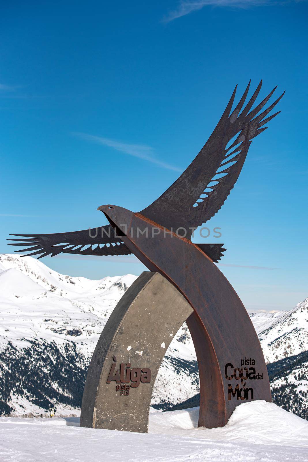 El Tarter, Andorra : 2021 Febraury 2 : Statues in commemoration of the 2016 alpine ski world cup in Andorra in 2021