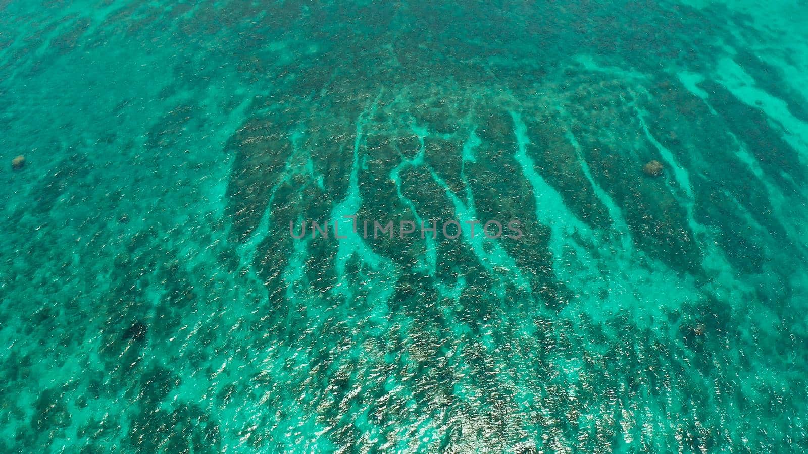 Sea water surface in lagoon, copy space for text, aerial view. Top view transparent turquoise ocean water surface. background texture