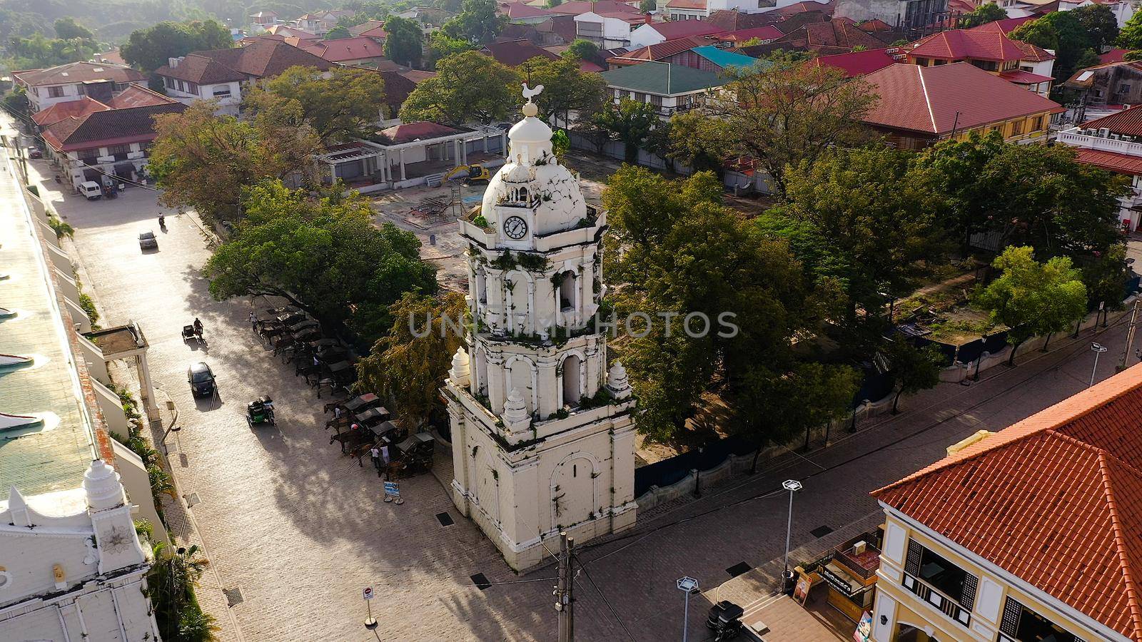 st paul cathedral in vigan city, philippines. Vigan Cathedral's Spanish colonial bell tower. City landscape in the morning, view from above.