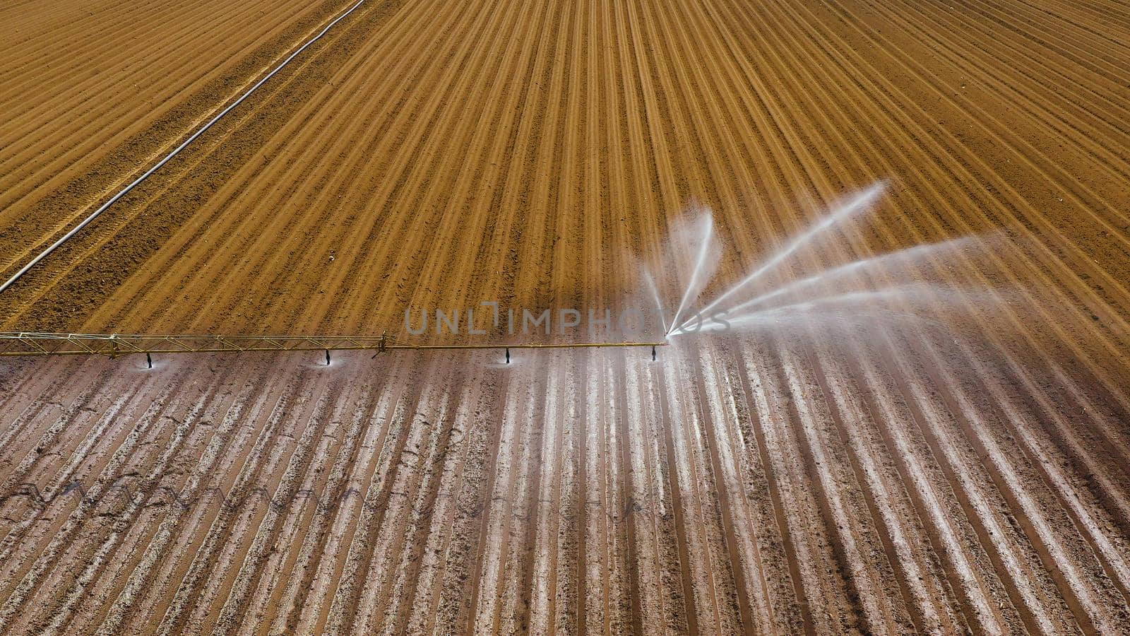 aerial view crop irrigation machine using center pivot sprinkler system. An irrigation pivot watering agricultural land. Irrigation system watering farm land.