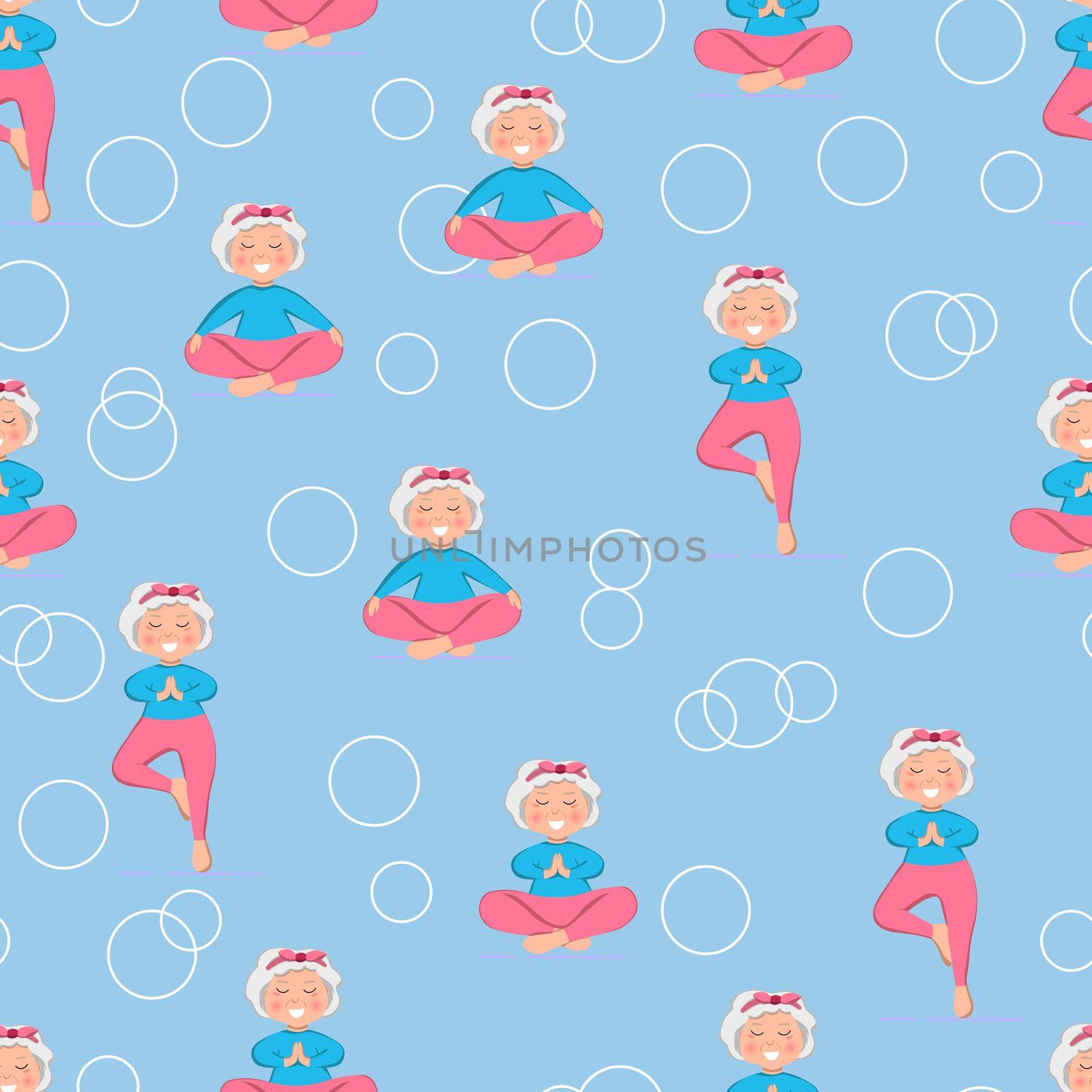 Seamless pattern with Sporty Granny does Yoga on blue background. Old person. Senior woman in pose yoga. Exercising for better health. Grandma. Grandmother character. Vector illustration for print.