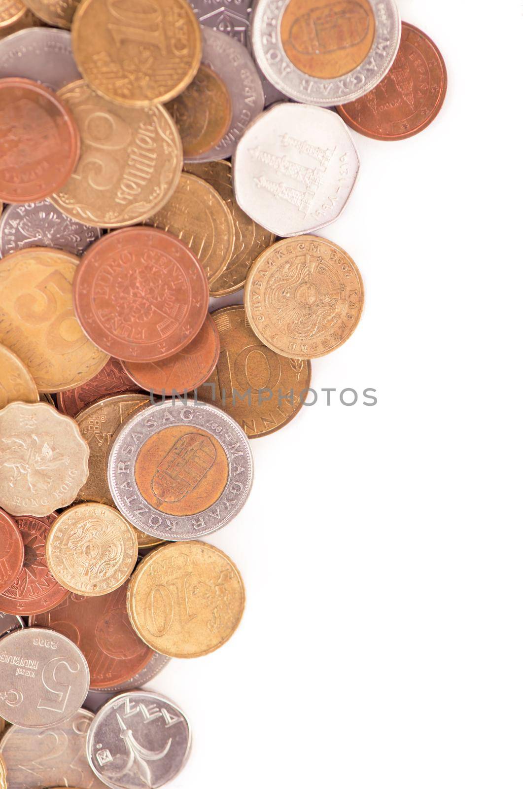 Coins of different countries on a white background. by aprilphoto