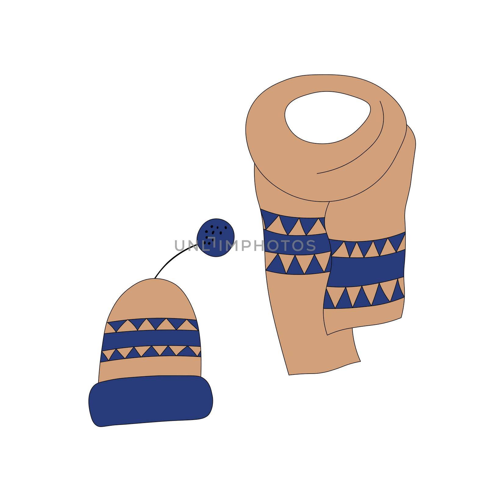 Set with winter accessories: hat and scarf. Cute vector winter warm knitted clothes collection in cartoon style. Christmas vector illustration. Template design for card, postcard, print