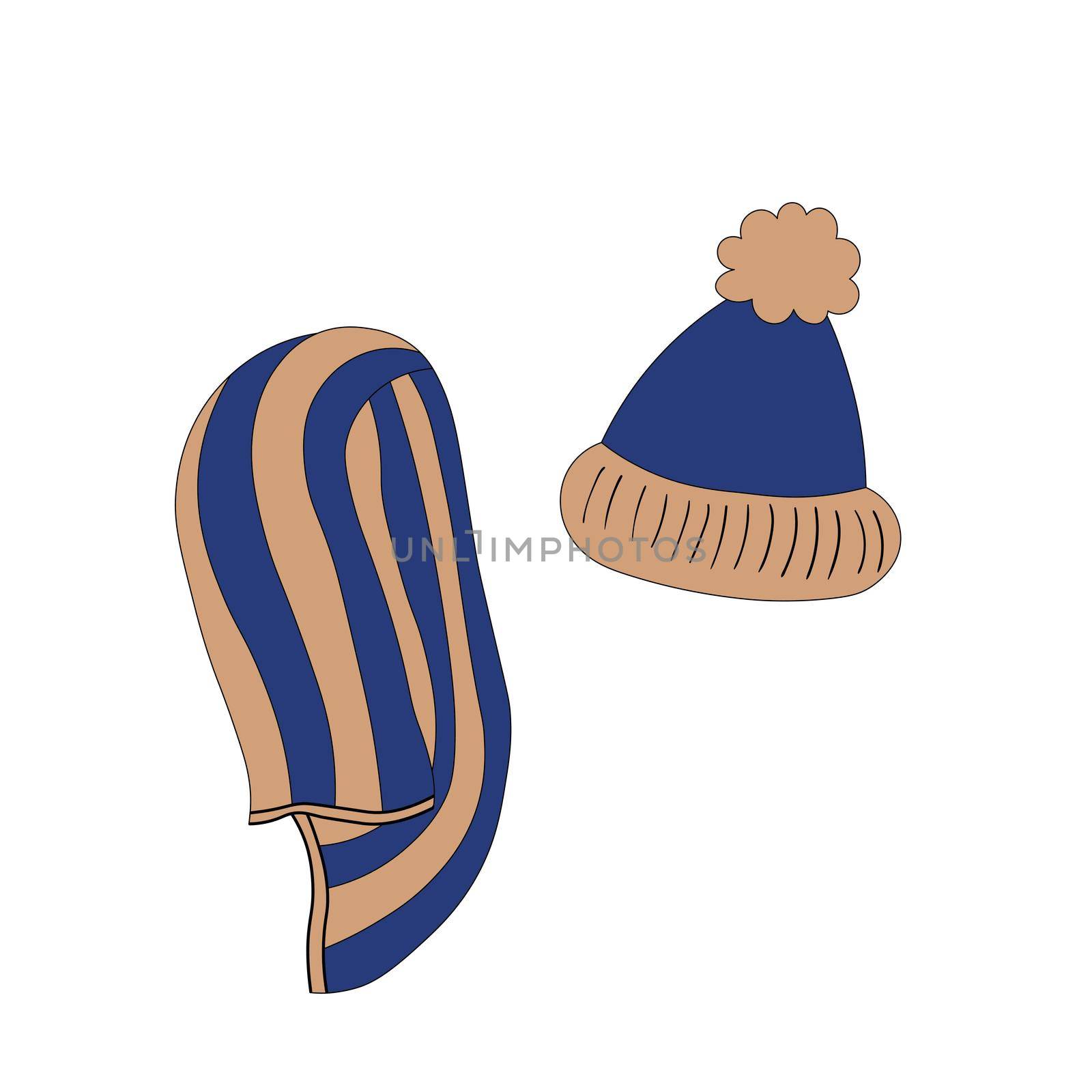 Set with winter accessories: hat and scarf. Cute vector winter warm knitted clothes collection in cartoon style. Christmas vector illustration. Template design for card, postcard, print
