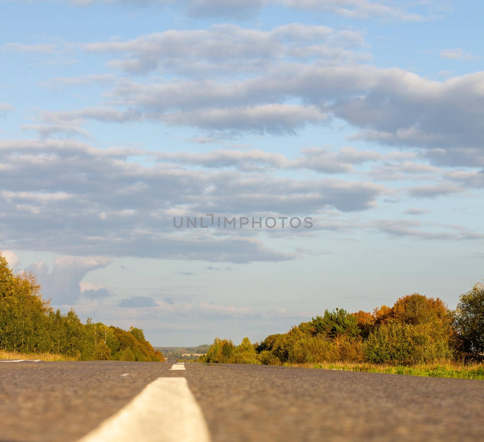 A long white stripe, like a road marker. A road into the distance between fields and forests. High quality photo