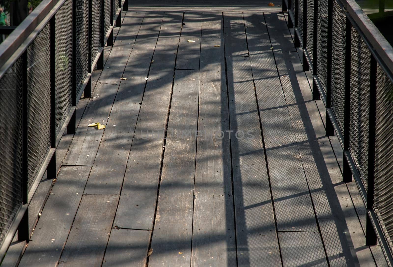 Old brown rustic Wooden walkway with sunlight shine passed through trees and make shadow on the floor. Copy space, area for text or lettering, Selective focus.