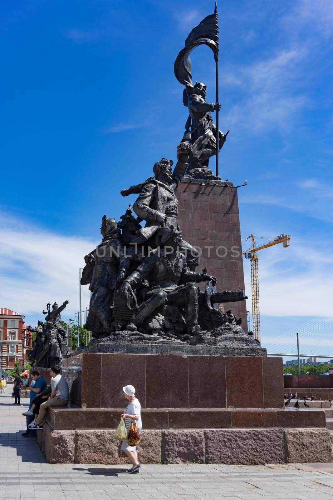 Vladivostok, Russia-October 20, 2018: Monument to the red army against the blue sky.