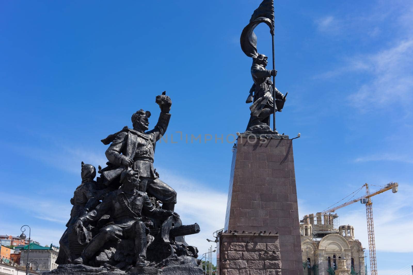 Vladivostok, Russia-October 20, 2018: Monument to the red army against the blue sky.