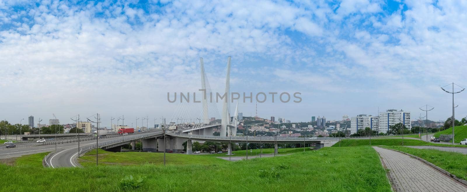 Vladivostok, Primorsky Krai-September 3, 2019: Panorama of the urban landscape overlooking the Golden bridge and highway.