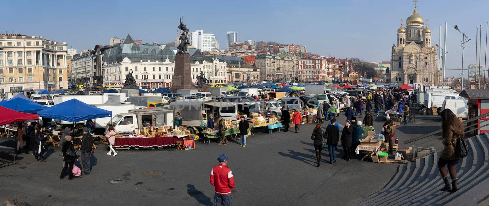 Vladivostok, Primorsky Krai-March 2, 2019: Trade fair on the main square of the city.