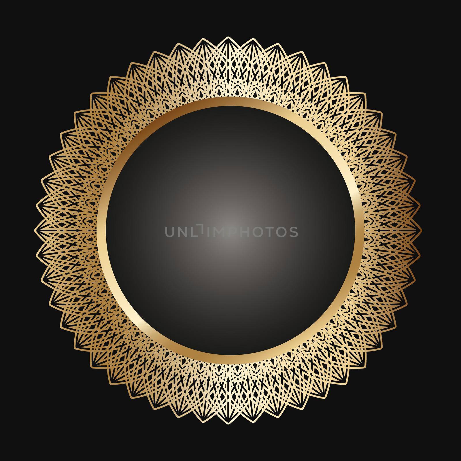 Golden frame with lace ornament in circle on black background. Art deco. Luxury gold round mandala, hand draw design. Ethnic motif. Abstract vector illustration.Template design for invitation.