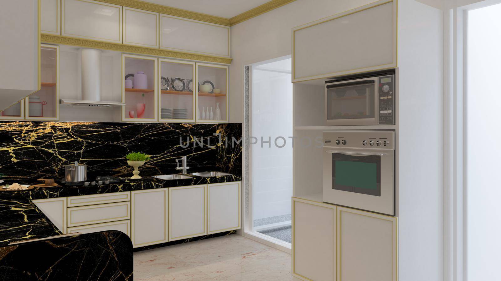 3d render Illustration classic style kitchen. white, black and gold theme classic kitchen.