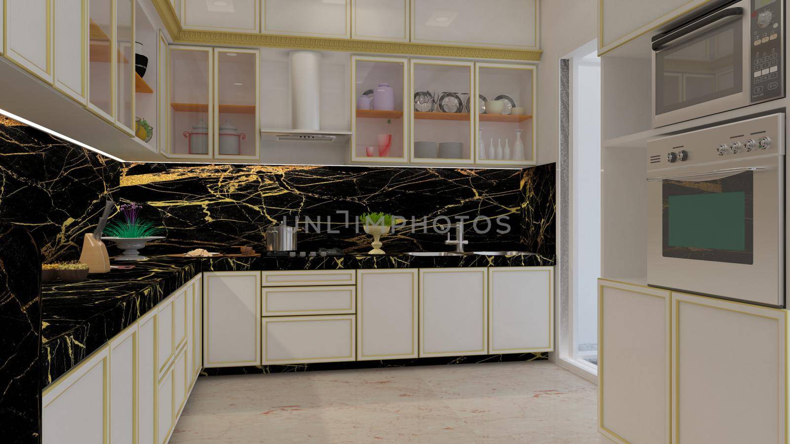 3d render Illustration classic style kitchen. white, black and gold theme classic kitchen.