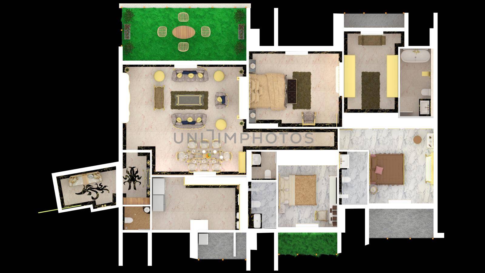 3d render Illustration classic style floor plan. white, black and gold theme classic combinations.