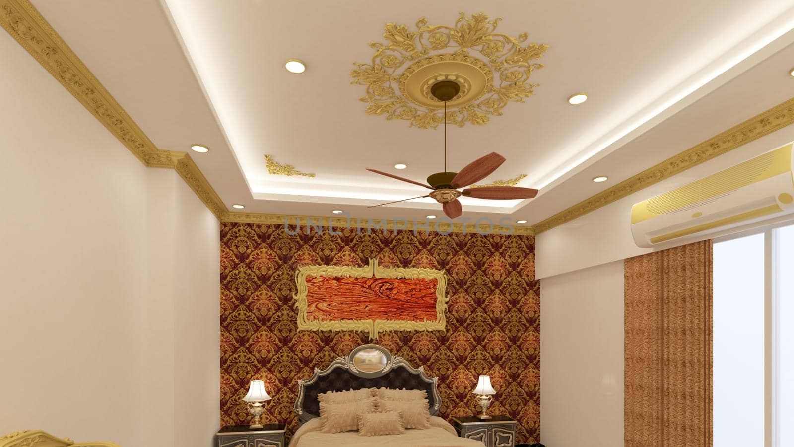 3d render Illustration classic style bedroom ceiling. white, red and gold color theme classic combinations.