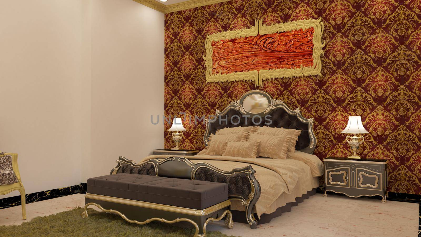 3d render Illustration classic style bedroom. white, black and gold theme classic combinations.