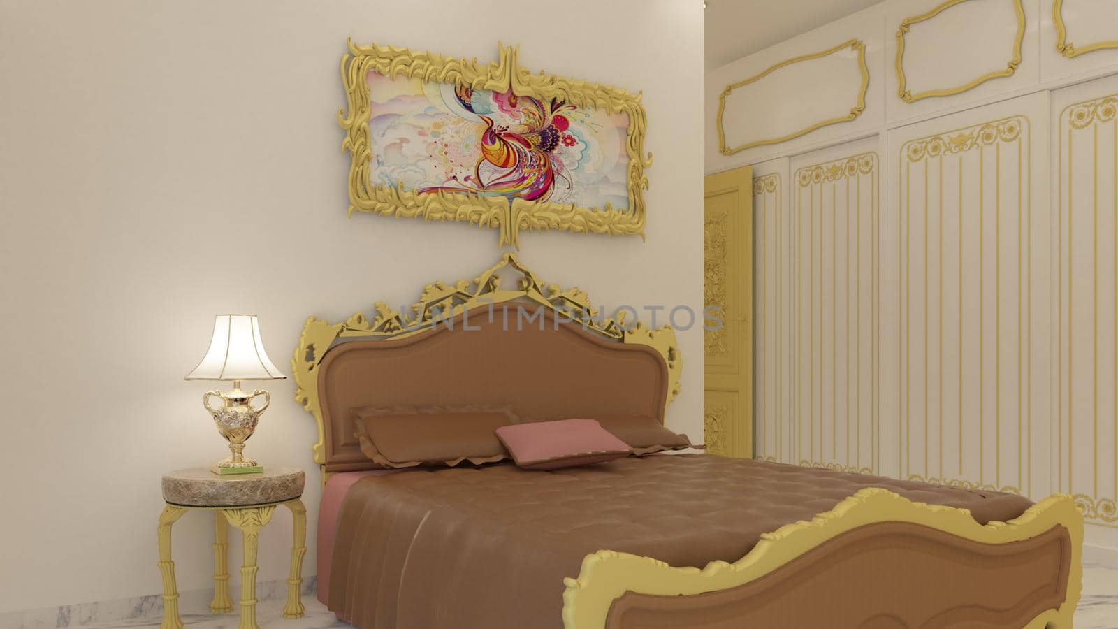 3d render Illustration classic style bedroom. white, black and gold theme classic combinations. by Maharana777