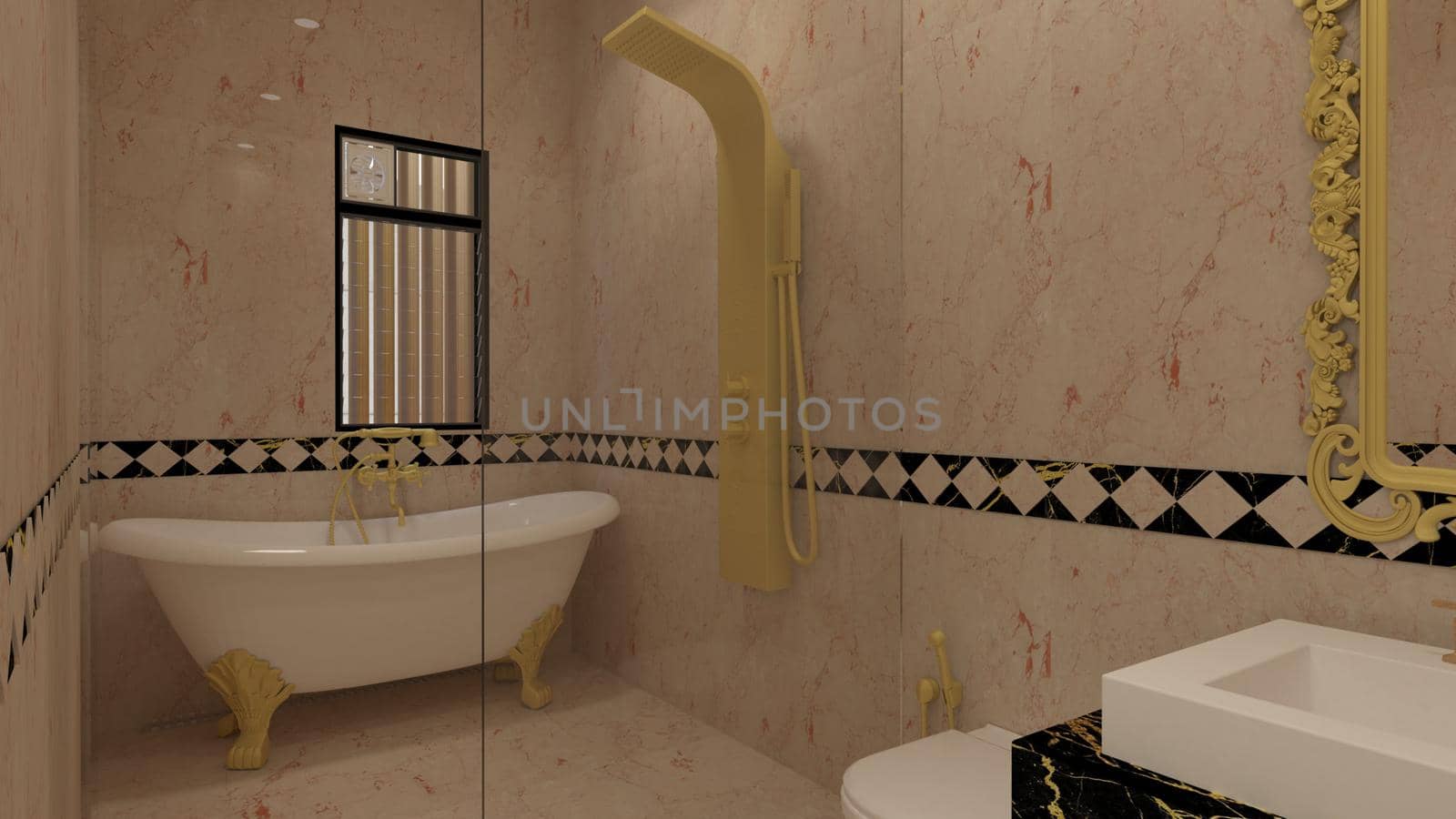 3d render Illustration classic style washroom. white, black and gold theme classic combinations. by Maharana777