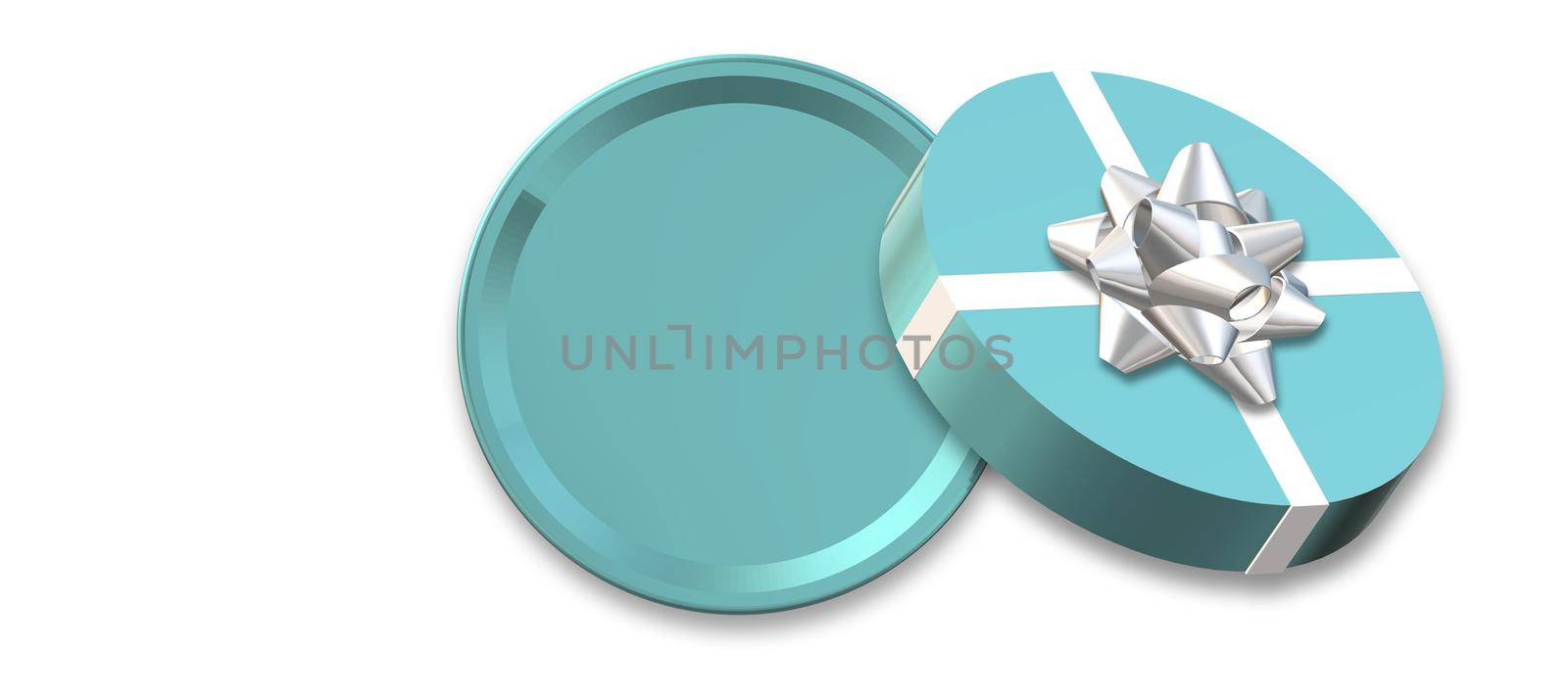Open round gift box, bow on white background. Turquoise blue box top view, place for text, mock up. Valentines, love design, sale, surprise, gift, birthday, wedding, Valentines love template 3D render