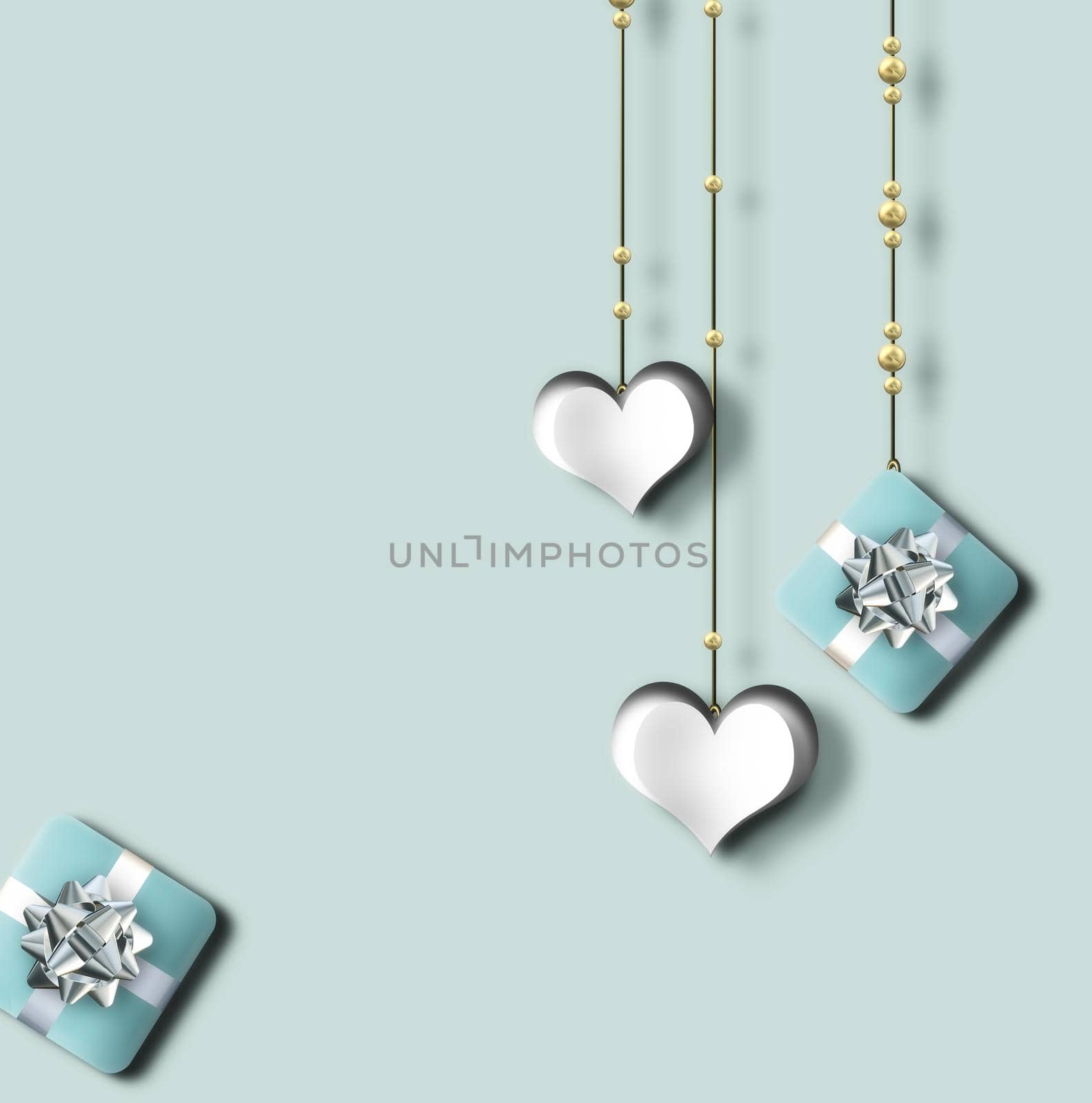 Pretty love card, Valentines card with hanging hearts. gift boxes on pastel green background. Cute love story. Valentine's Day, Love greeting card. 3D Illustration