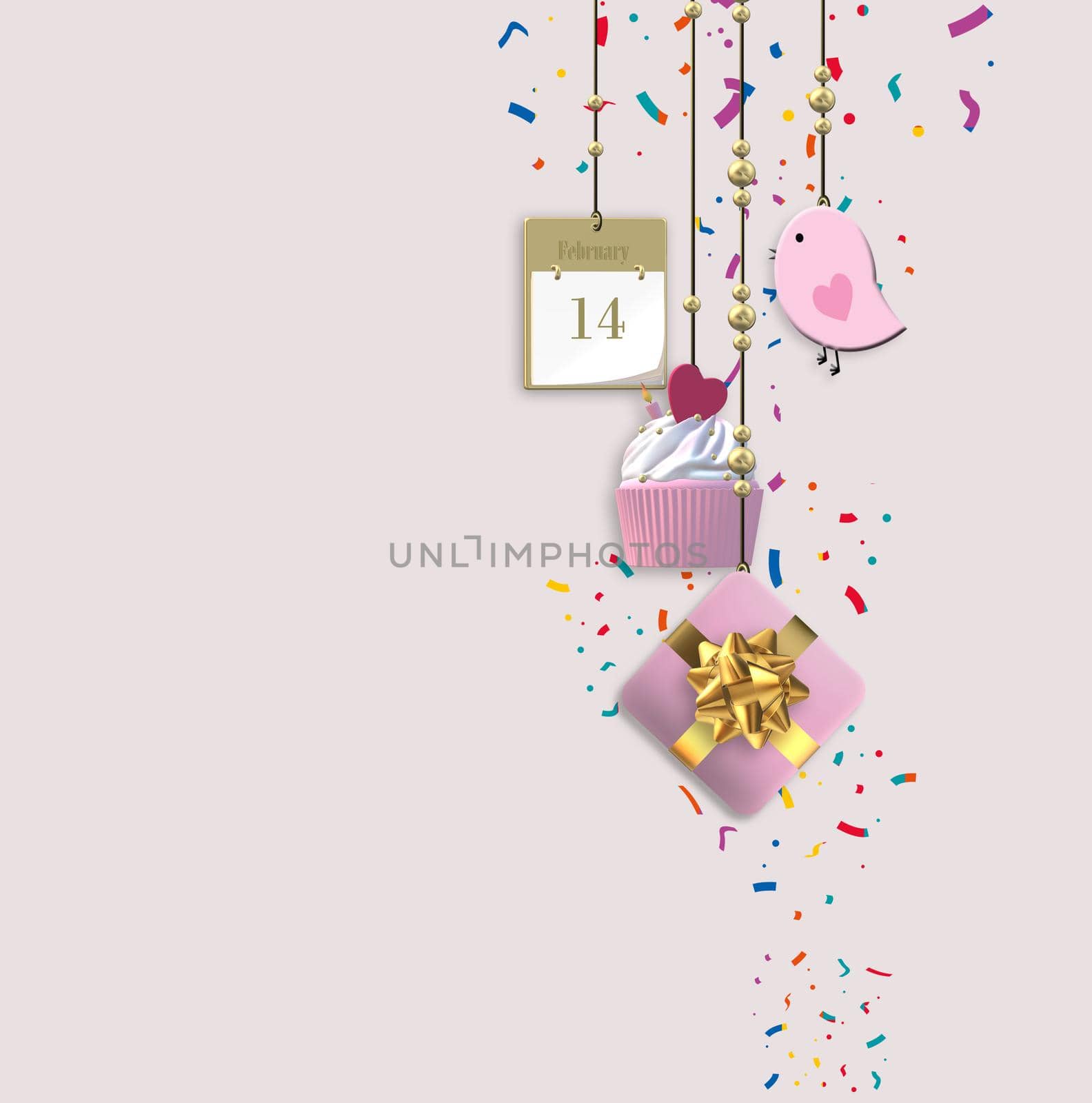 Cute Valentine's card. Hanging heart, gift box, cup cake on pink background. Love, wedding, birthday, Valentin's card. 3D illustration