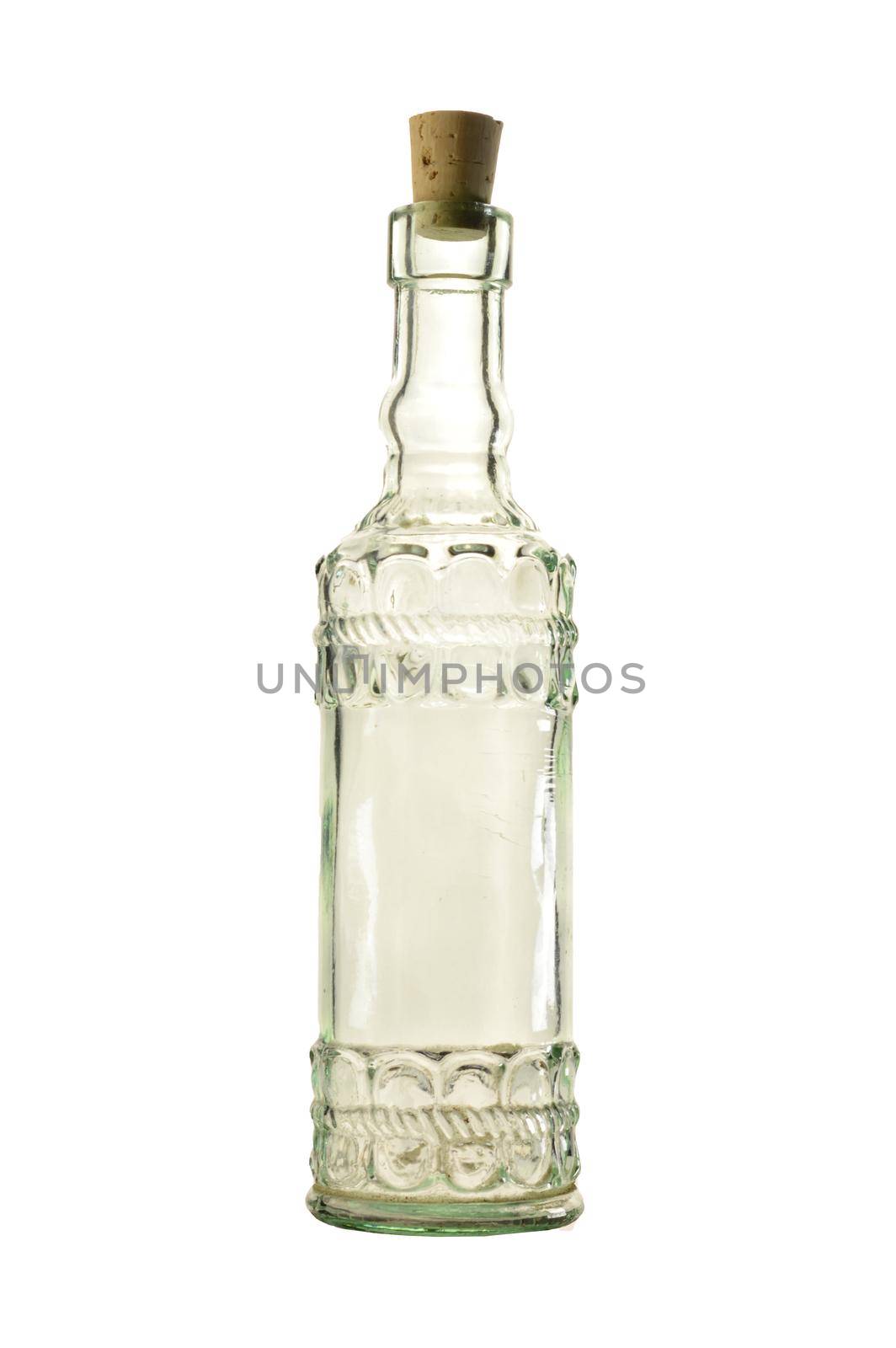 An isolated over white image of a unique glass bottle with a cork.