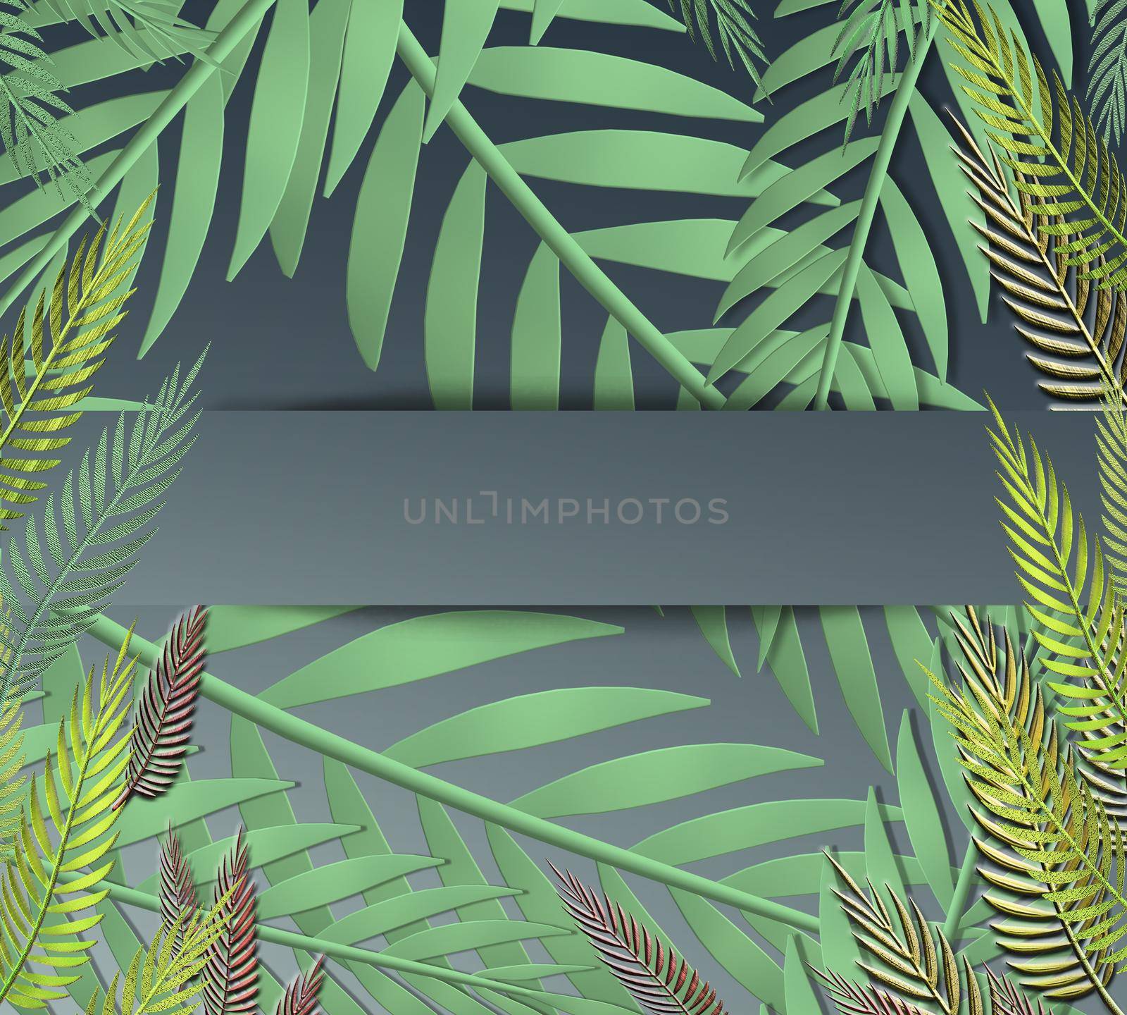 Tropical leaves in frame in paper strip on paper background. Place for text, mock up. Top view, flat lay. 3D illustration