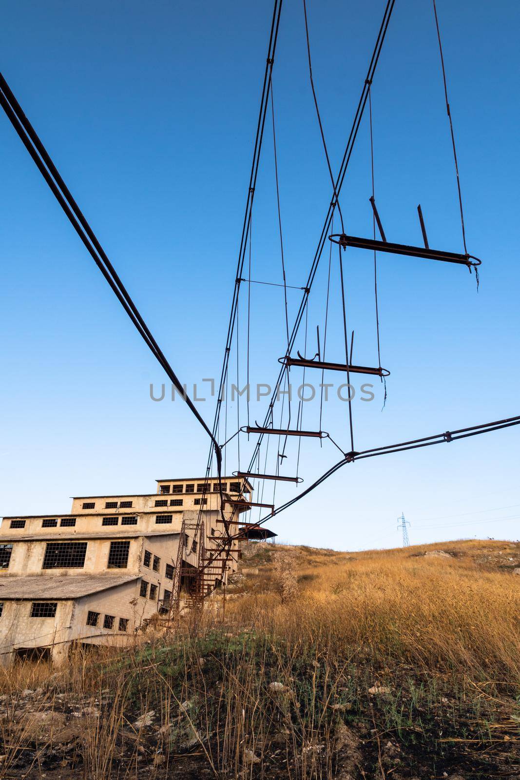 Abandoned buildings and machinery of the mining complex Trabia Tallarita in Riesi, near Caltanissetta, Italy