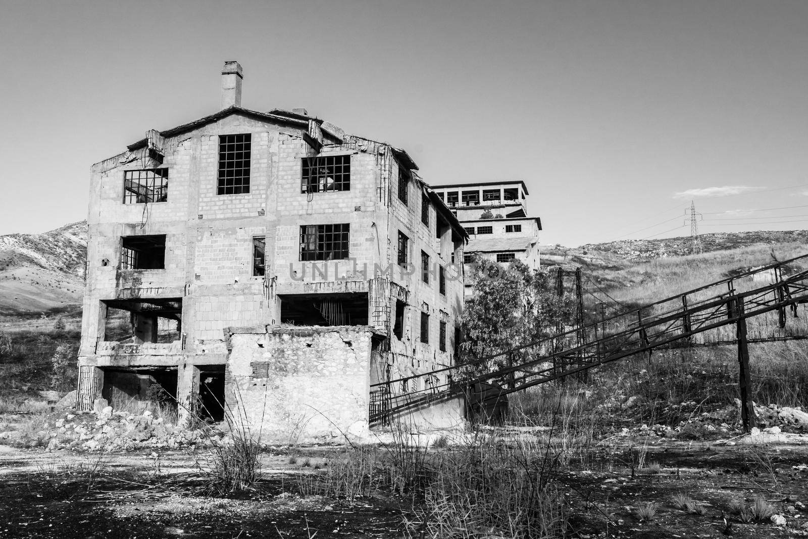 Abandoned buildings and machinery of the mining complex Trabia Tallarita in Riesi, near Caltanissetta, Italy