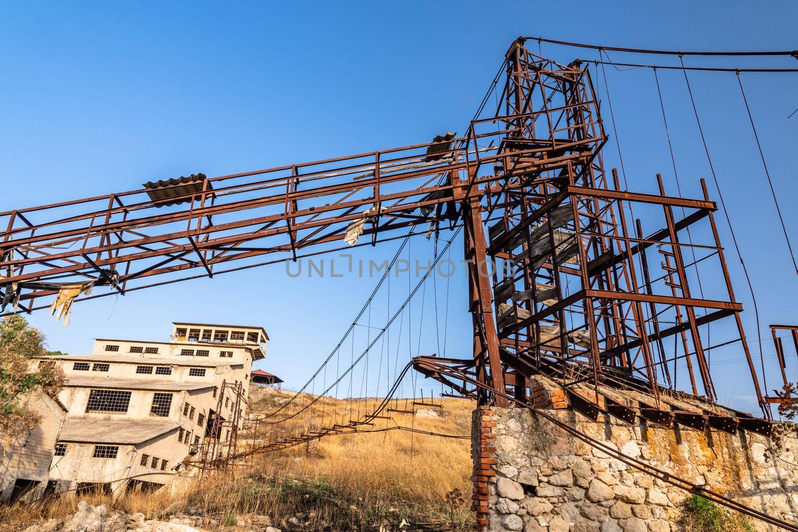 Abandoned buildings and machinery of the mining complex Trabia Tallarita in Riesi, near Caltanissetta, Italy