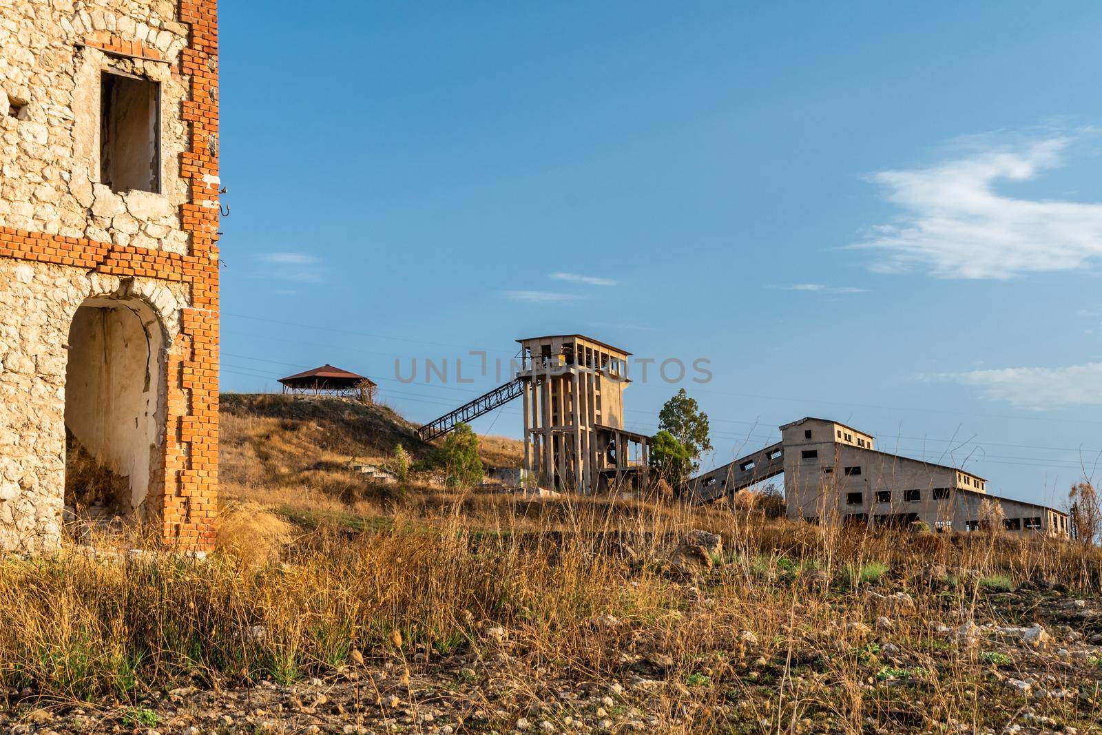 Abandoned buildings and machinery of the mining complex Trabia Tallarita in Riesi, near Caltanissetta, Italy