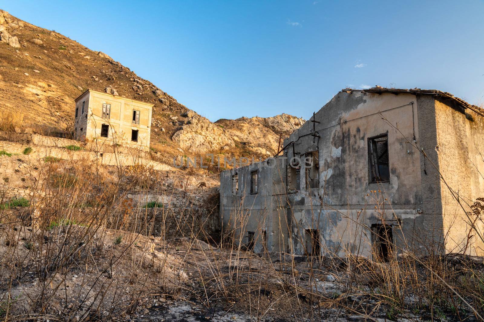 Abandoned buildings and machinery of the mining complex Trabia Tallarita in Riesi, near Caltanissetta, Italy