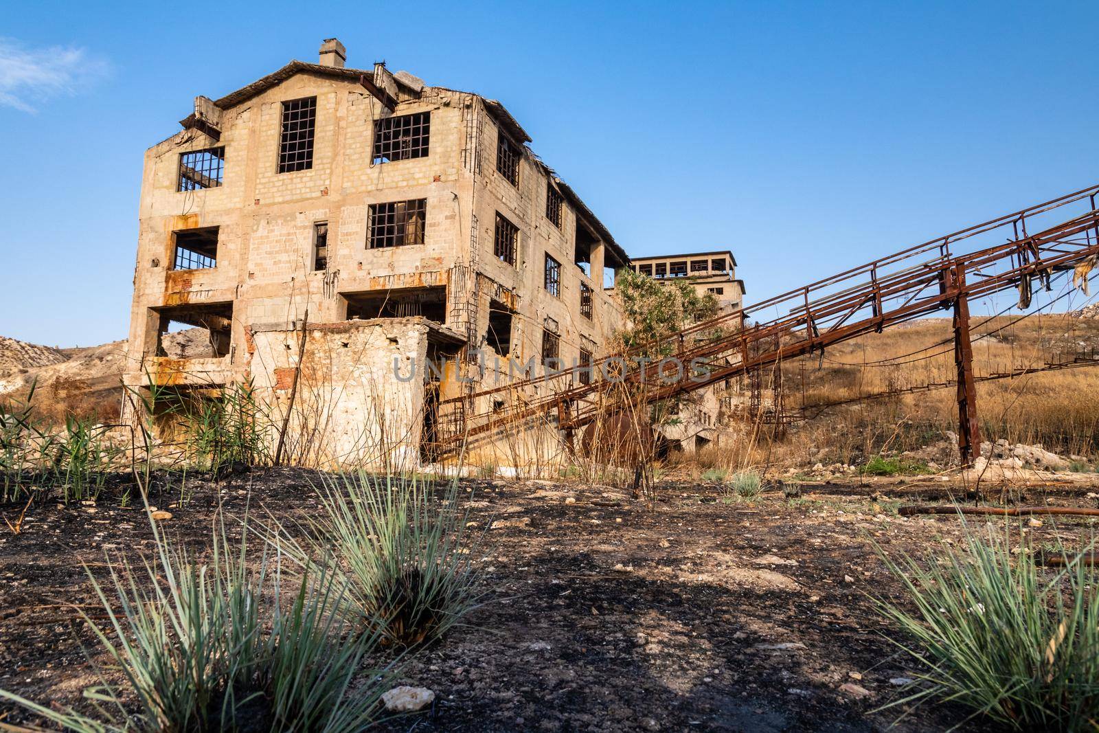 Abandoned buildings and machinery of the mining complex Trabia Tallarita in Riesi, near Caltanissetta, Italy