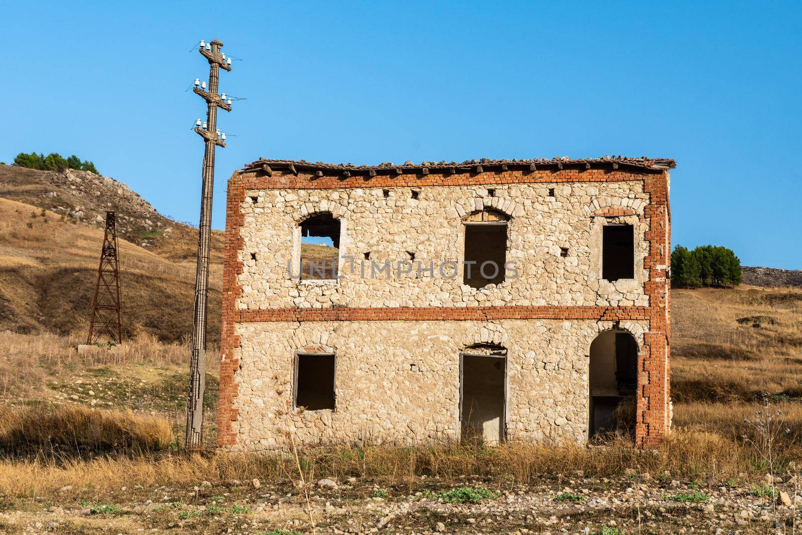 Abandoned buildings and machinery of the mining complex Trabia Tallarita in Riesi, near Caltanissetta, Italy