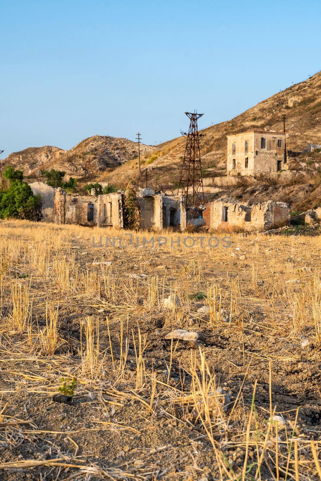 Abandoned buildings and machinery of the mining complex Trabia Tallarita in Riesi, near Caltanissetta, Italy