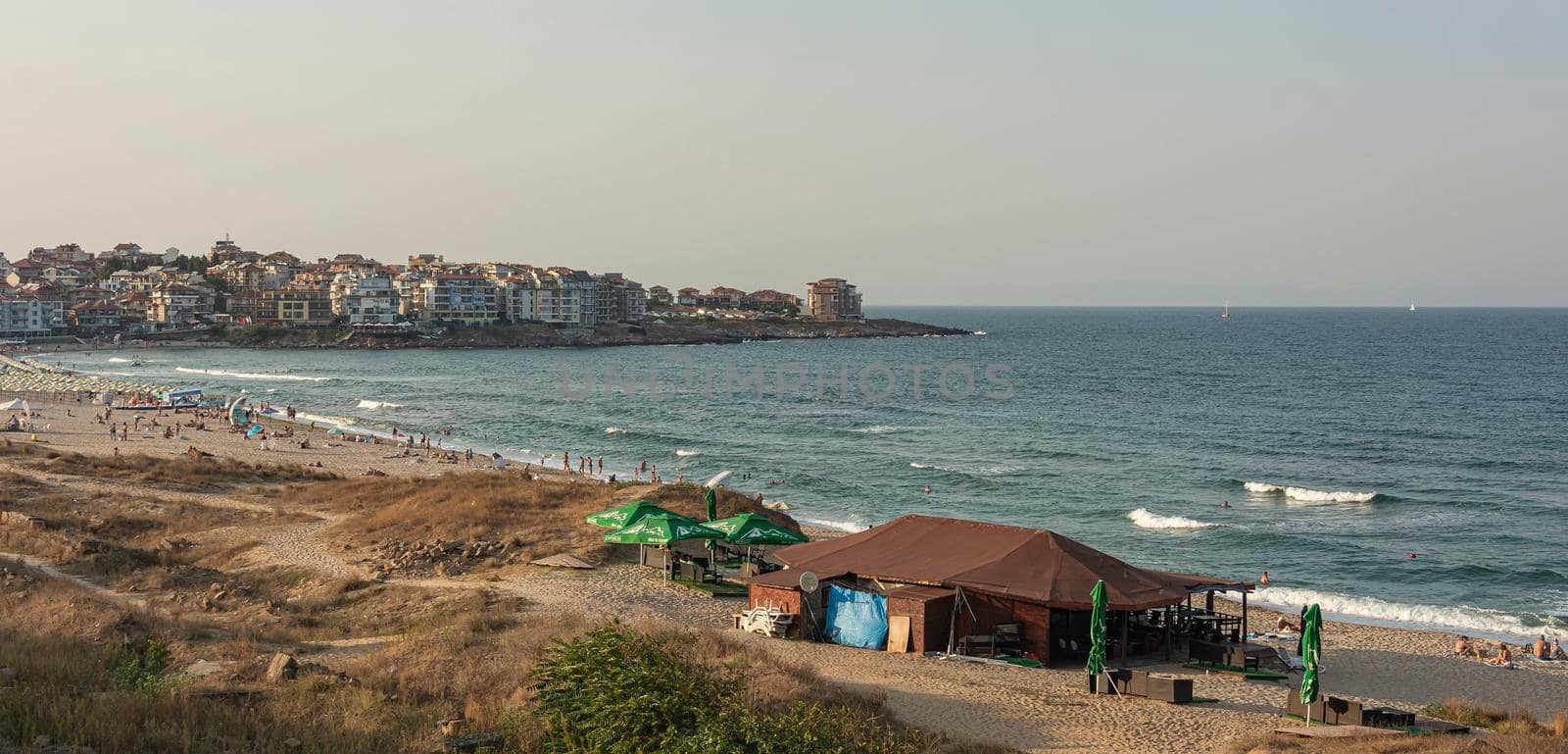 Bulgaria, Sozopol-August 30, 2018: City beach on the Black Sea coast. Stock photo.