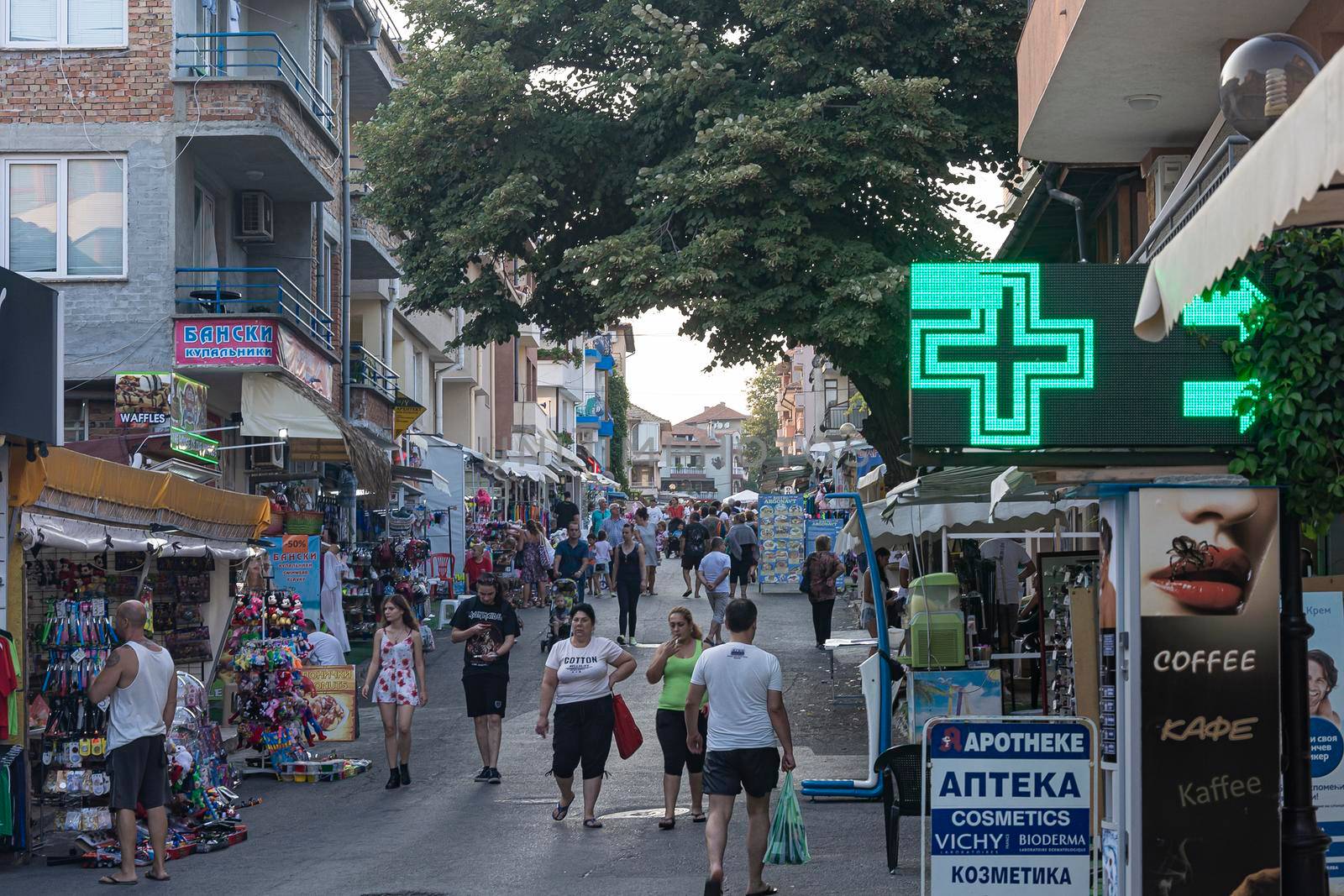 Bulgaria, Sozopol - 2018, August 30: Vacationers on the street of the city. Stock photo.