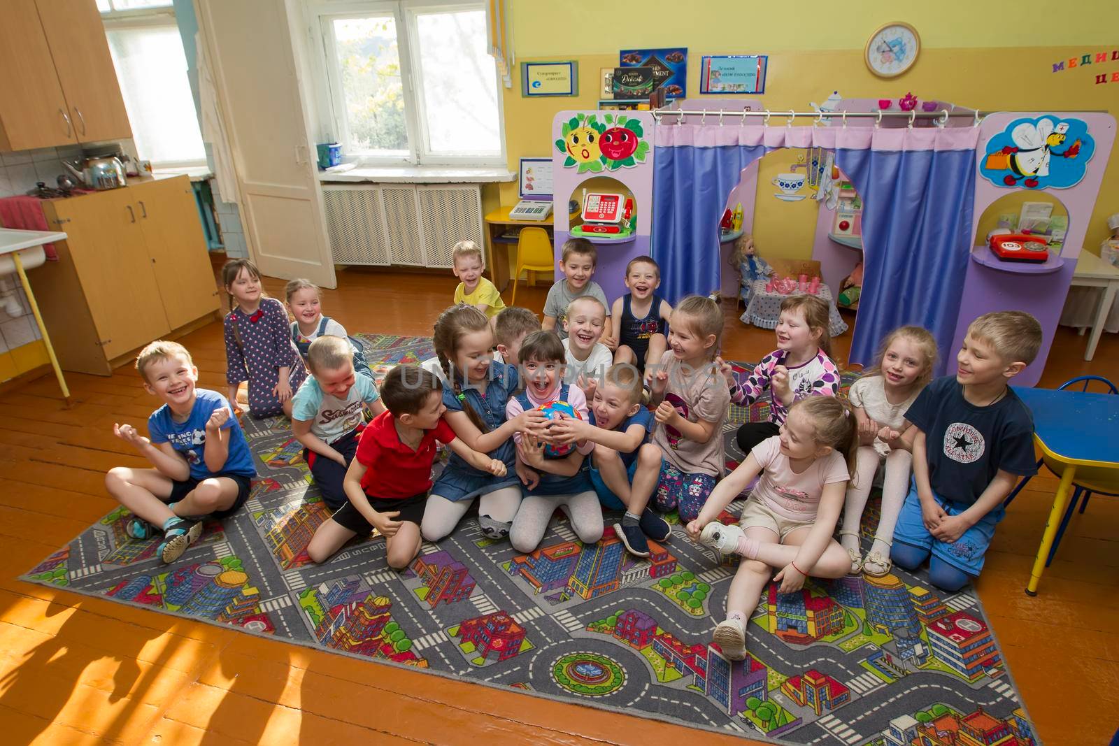Belarus, the city of Gomil, April 25, 2019.Open day in kindergarten. Many children in kindergarten. A group of six year old boys and girls.