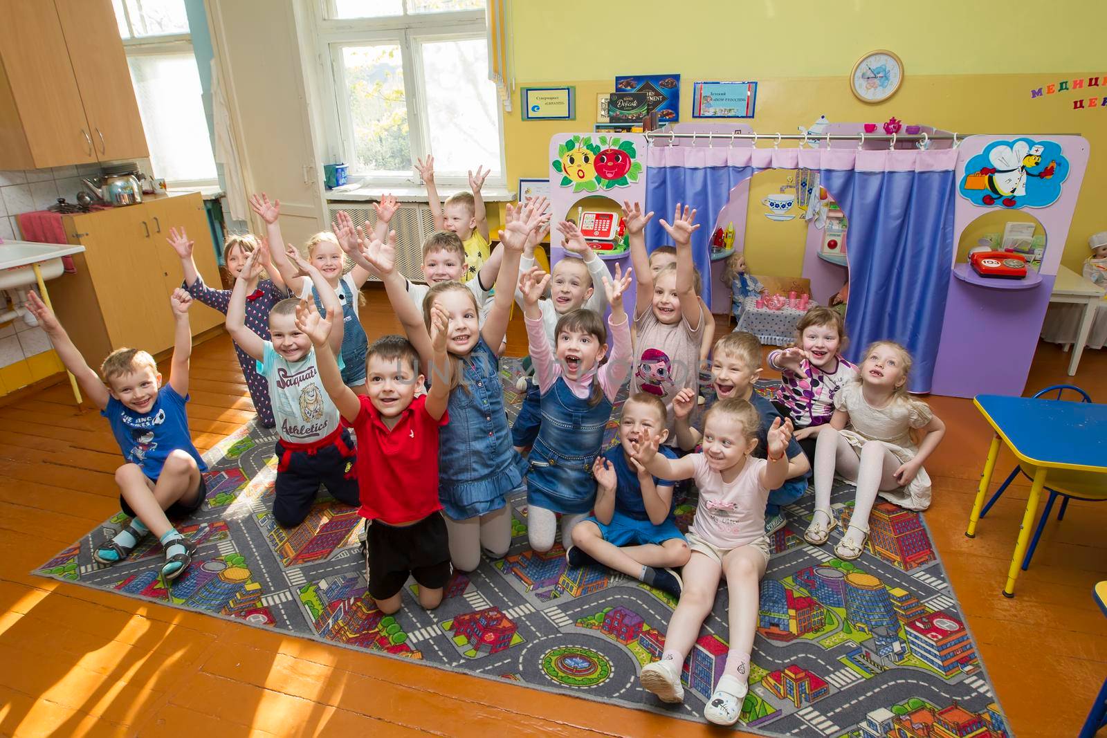 Belarus, the city of Gomil, April 25, 2019.Open day in kindergarten. Many children in kindergarten. A group of six year old boys and girls.