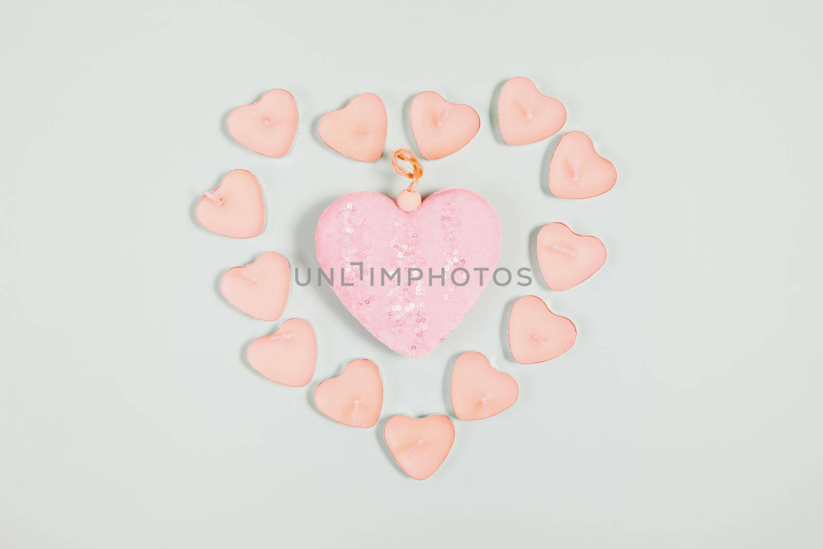 Valentine's Day, composition of hearts on a blue background. View from above. Space for text, flat lay