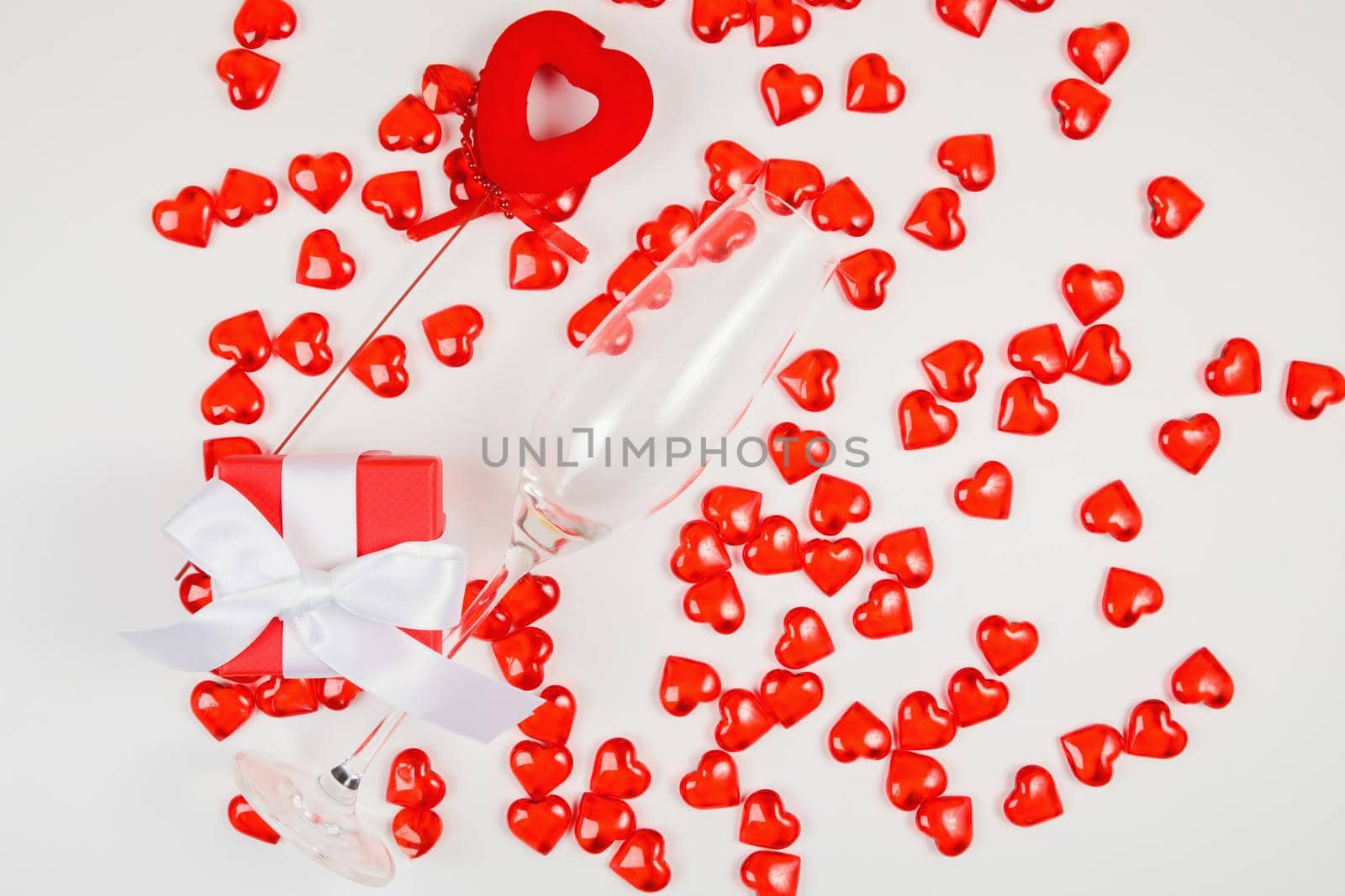Valentine's Day, composition of hearts on a white background. View from above. Space for text, flat lay