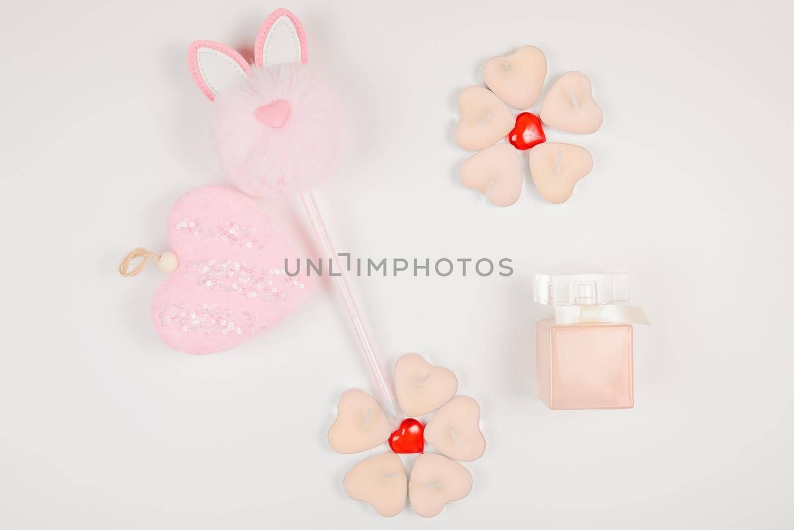 Valentine's Day, composition of hearts on a white background. View from above. Space for text, flat lay