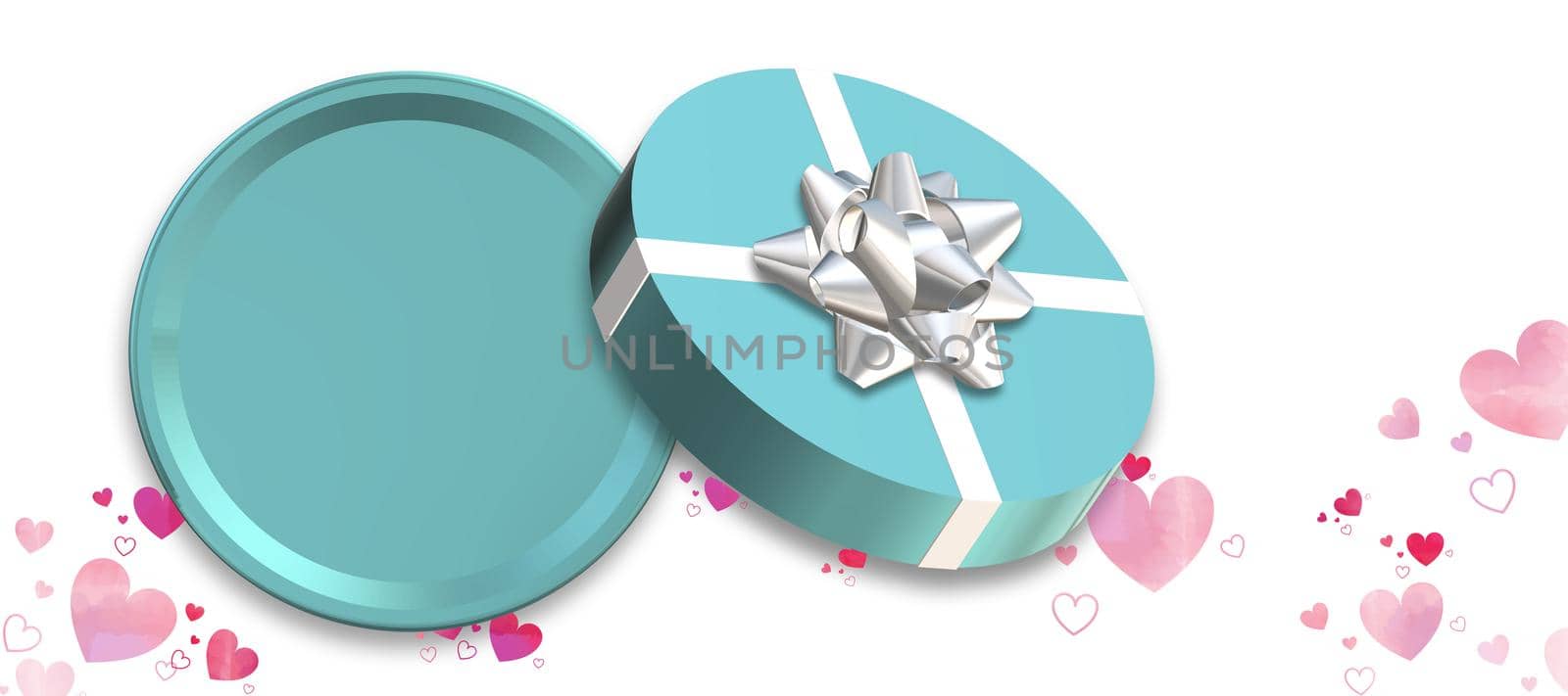 Gift box, present top view on white background, confetti. Turquoise blue box flat lay, place for text, mock up. Valentines, love design, sale, surprise, gift, birthday, wedding, Valentines 3D render