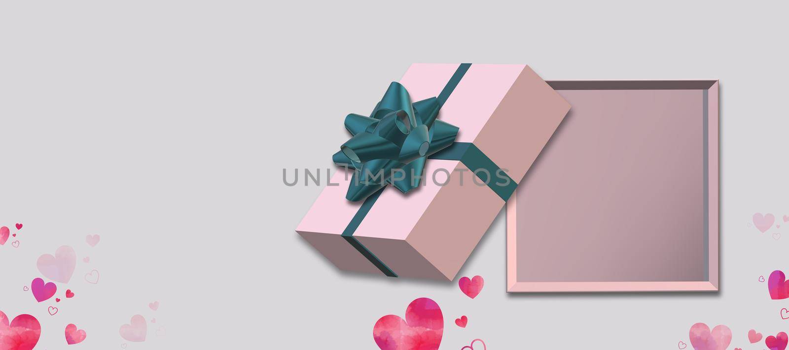 Gift box with bow top view on white background, pink hearts confetti. Pink box flat lay, place for text, mock up. Valentines, love design, sale, surprise, gift, birthday, wedding, Valentines 3D render