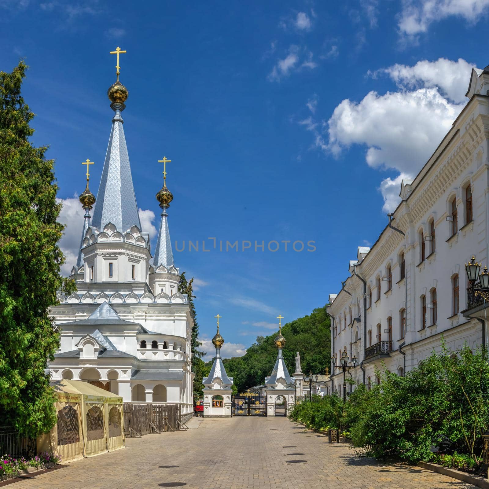 Svyatogorsk, Ukraine 07.16.2020.  The main entrance to territory of the Svyatogorsk Lavra  in Ukraine, on a sunny summer day