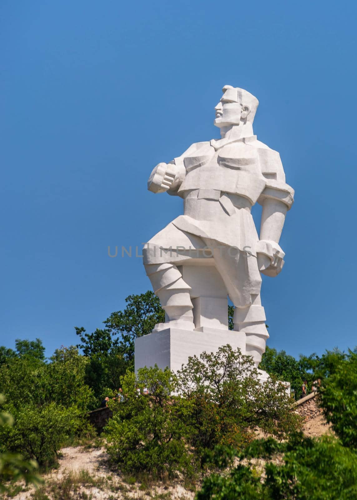 Svyatogorsk, Ukraine 07.16.2020.  Monument to Artem on the mountain above the Svyatogorsk or Sviatohirsk lavra on a sunny summer day
