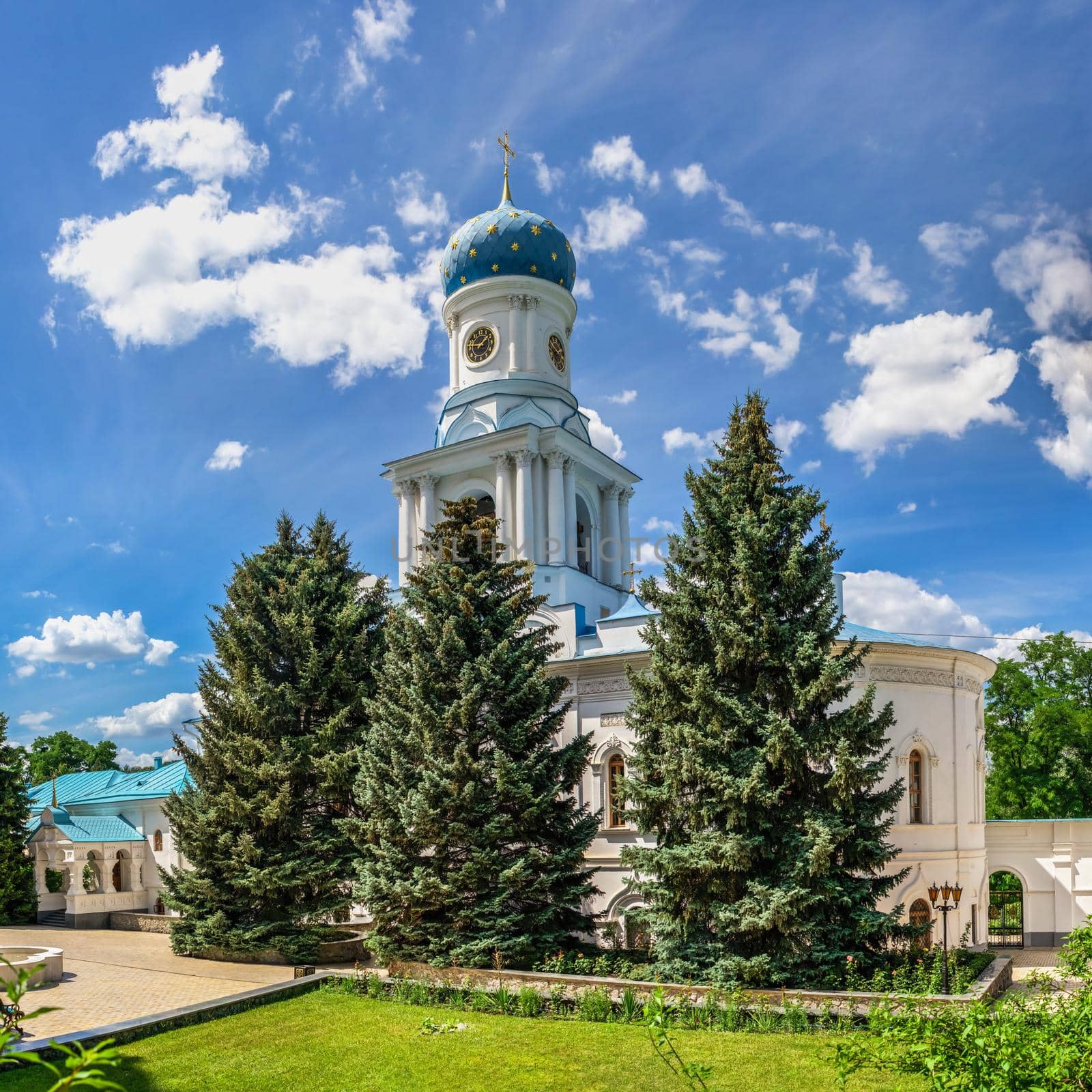 Svyatogorsk, Ukraine 07.16.2020.  Intercession Church on the territory of the Svyatogorsk Lavra  in Ukraine, on a sunny summer day